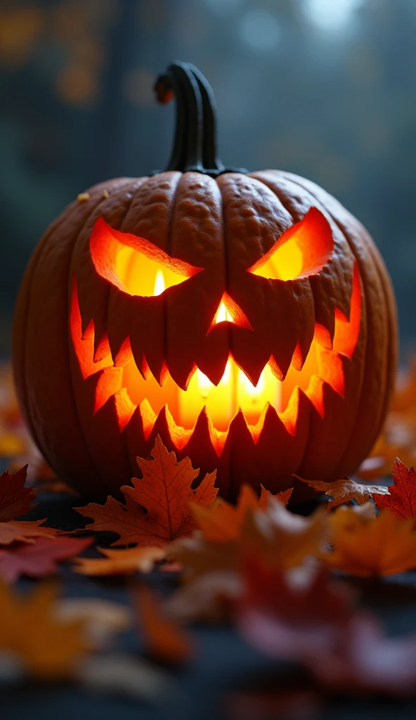 Close-up of a carved jack-o'-lantern glowing with candles, surrounded by fall leaves, with a dark, misty background and soft ambient light creating a spooky yet atmospheric Halloween scene.