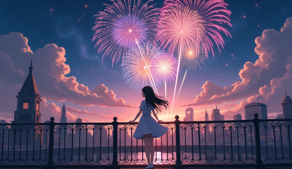 anime girl on a bridge watching fireworks over a city, by sylvain sarrailh, anime background art, inspired by sylvain sarrailh, beautiful anime scene, hd anime cityscape, beautiful digital artwork, a beautiful artwork illustration, beautiful cityscape, ilya kuvshinov landscape, illustration!, beautiful digital illustration, beautiful anime scenery, anime style cityscape