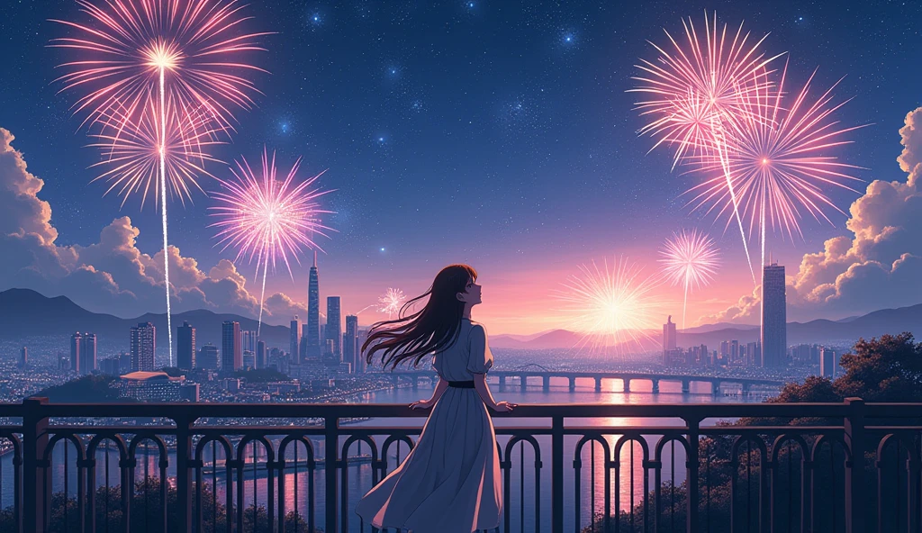 anime girl on a bridge watching fireworks over a city, by sylvain sarrailh, anime background art, inspired by sylvain sarrailh, beautiful anime scene, hd anime cityscape, beautiful digital artwork, a beautiful artwork illustration, beautiful cityscape, ilya kuvshinov landscape, illustration!, beautiful digital illustration, beautiful anime scenery, anime style cityscape