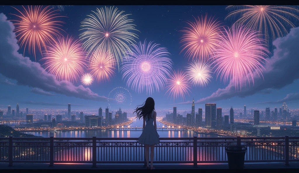 anime girl on a bridge watching fireworks over a city, by sylvain sarrailh, anime background art, inspired by sylvain sarrailh, beautiful anime scene, hd anime cityscape, beautiful digital artwork, a beautiful artwork illustration, beautiful cityscape, ilya kuvshinov landscape, illustration!, beautiful digital illustration, beautiful anime scenery, anime style cityscape