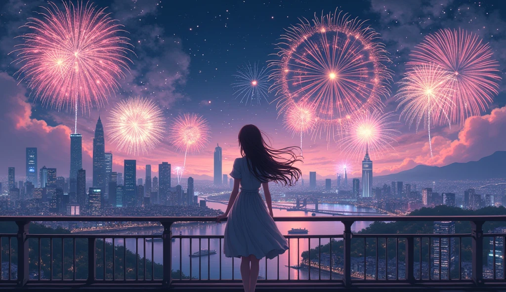 anime girl on a bridge watching fireworks over a city, by sylvain sarrailh, anime background art, inspired by sylvain sarrailh, beautiful anime scene, hd anime cityscape, beautiful digital artwork, a beautiful artwork illustration, beautiful cityscape, ilya kuvshinov landscape, illustration!, beautiful digital illustration, beautiful anime scenery, anime style cityscape
