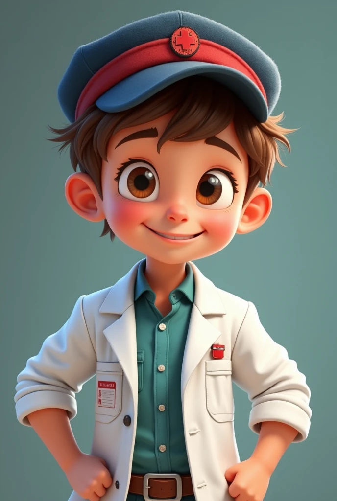 A  boy with Disney movie features, brown hair wearing a pharmacist's coat, showing off his strong muscles, happy and wearing a dark blue and red cap.