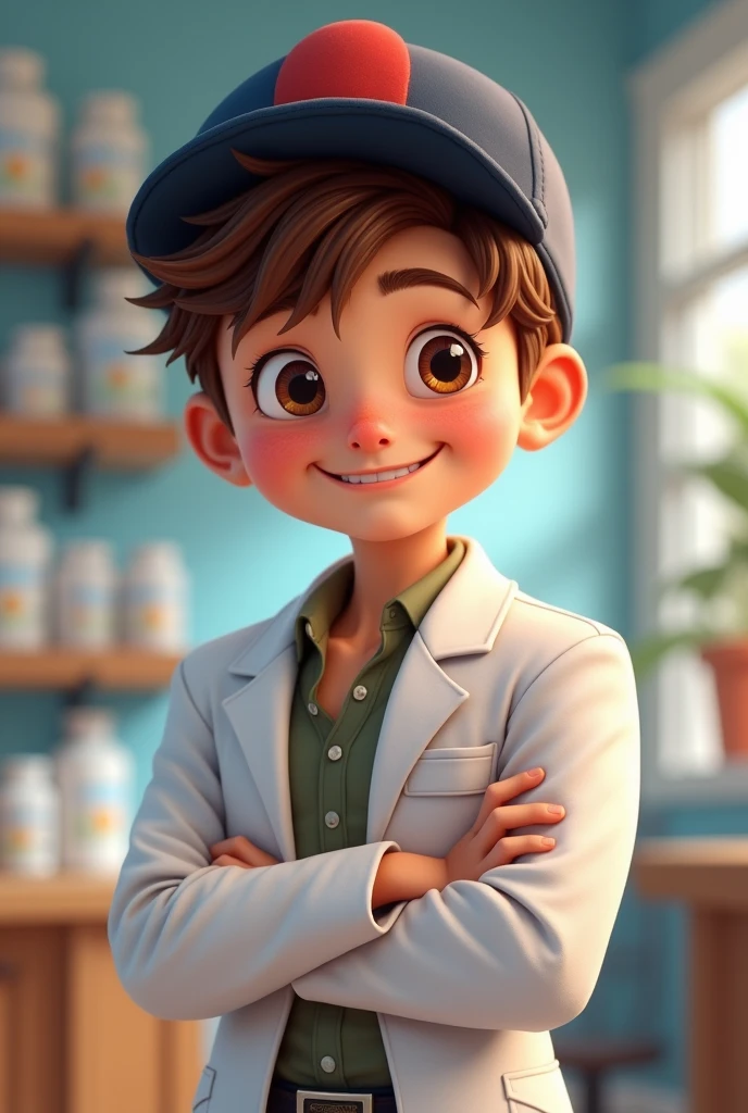A boy with Disney movie features, brown hair wearing a pharmacist's coat, showing off his strong muscles, happy and wearing a dark blue and red cap.