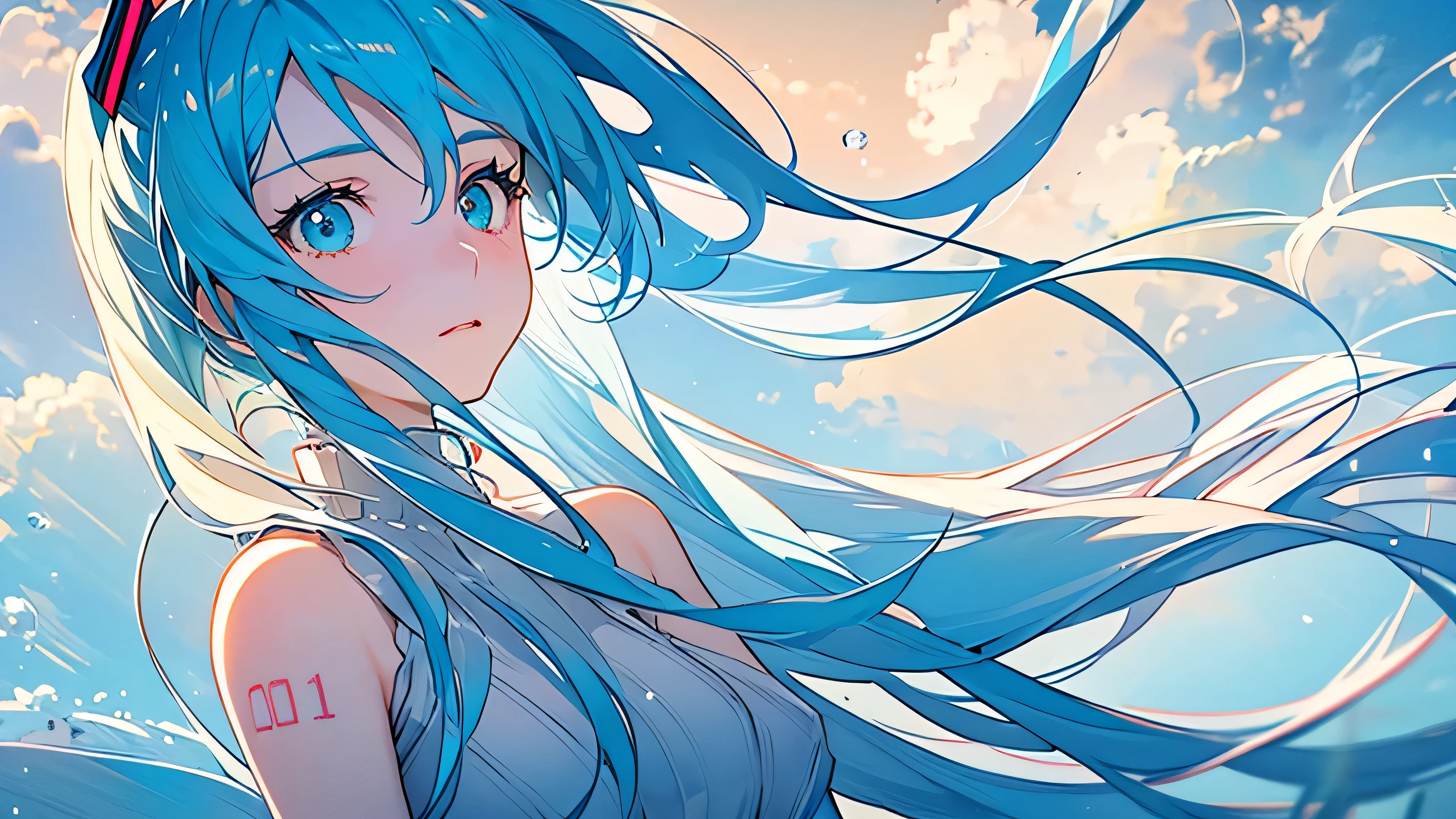 (masterpiece,best quality:1.4), high resolution,super fine illustration, detailed skin, detailed face, detailed eyes,"Describe a serene scene of Hatsune Miku gazing up at the sky at dawn, with soft rays of sunlight filtering through the clouds.The atmosphere is calm and peaceful, with a gentle breeze rustling through the city. Hatsune Miku's hair and dress flow gracefully in the wind, and there is a sense of tranquility and sadness in her expression."
