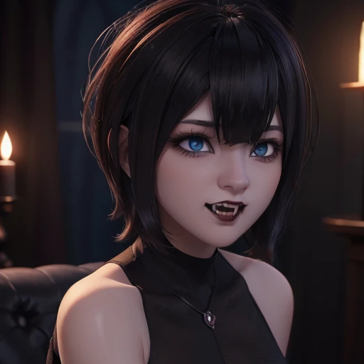 Face beautiful blue eyes short hair with bangs style bob, showing long fangs vampire, makeup, perfect detailed 3D rendering high resolution wallpaper fanart Stunning 