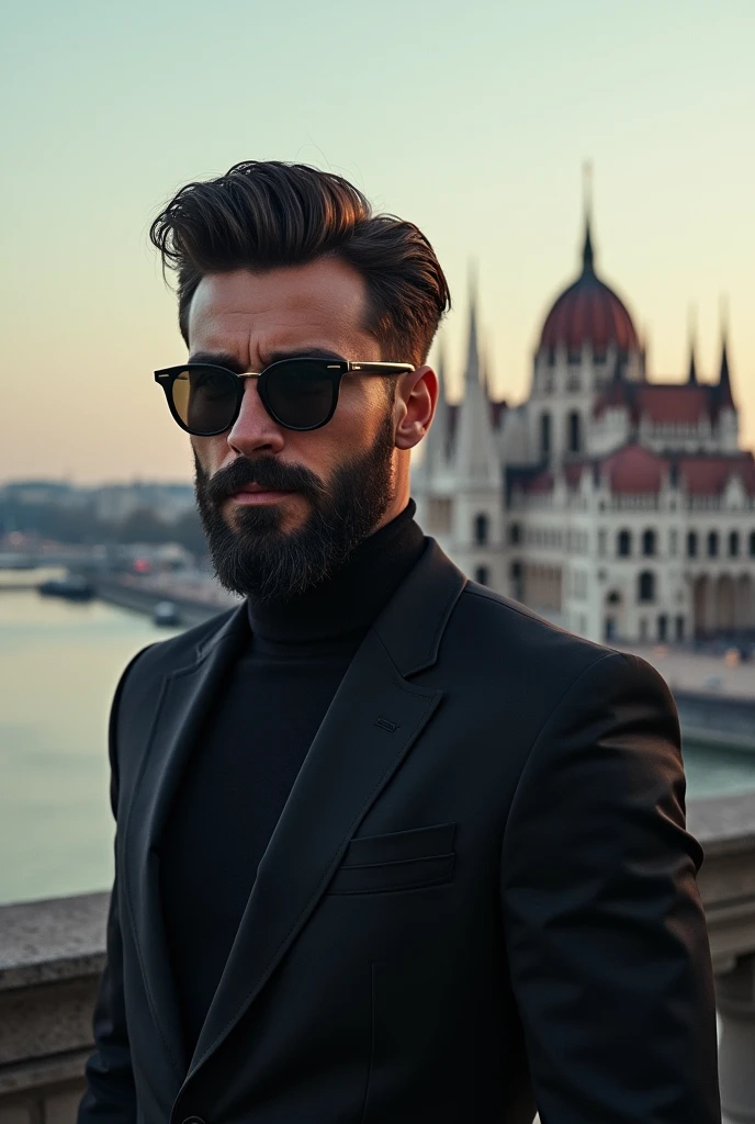 A New Age Man, com barba preta, gradient hair, sunglasses and suit use Hungary as reference