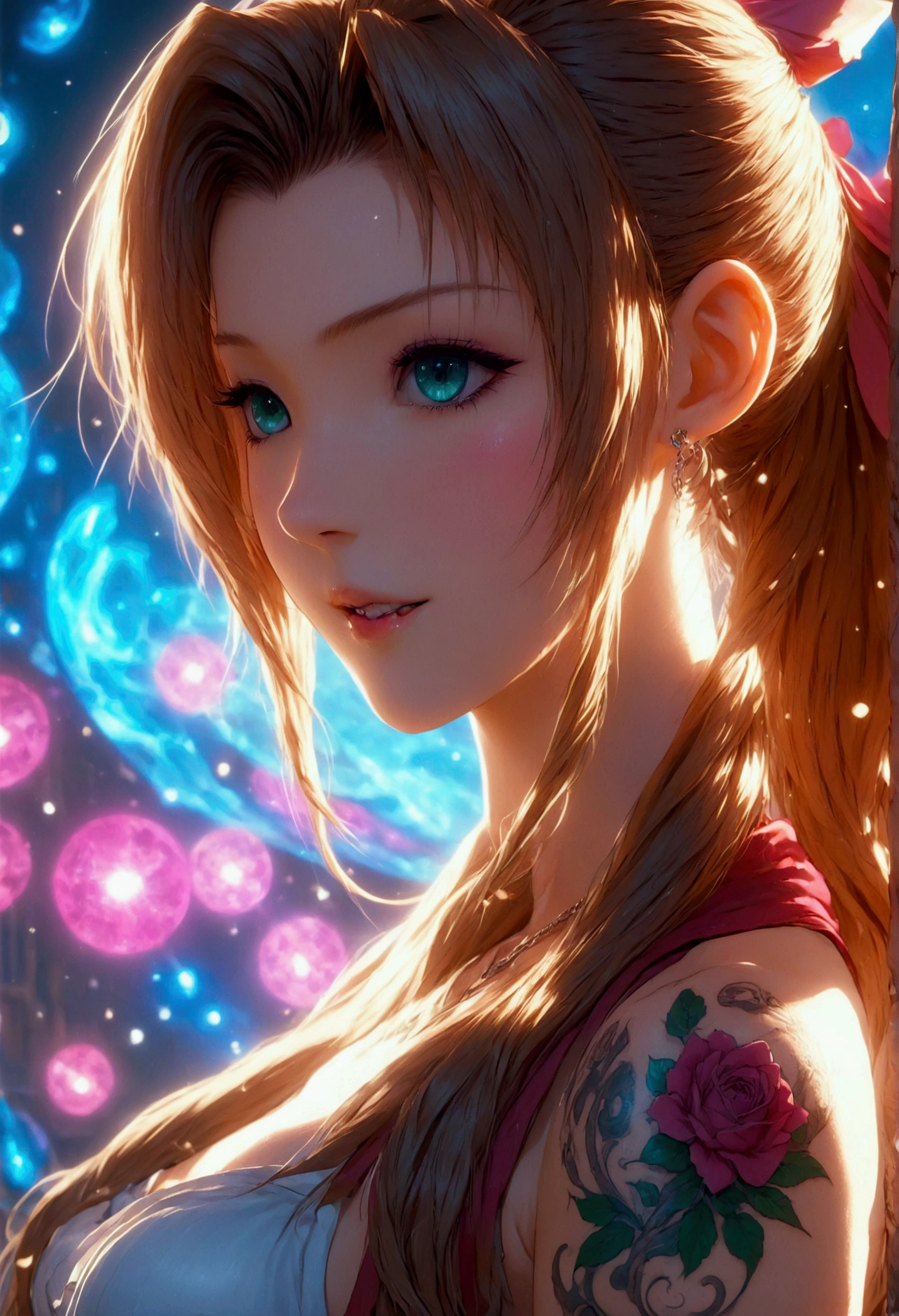 Create a hyper detailed photograph of a tattooed young sexy aerith, Stunningly perfect gorgeous feminine face, perfect teeth, perfect makeup, detailed vibrant eyes, long flowing hair, beautiful legs, beautiful arms, perfect hour glass body figure, detailed smooth skin, large breast, perfect round ass, complete full body view,