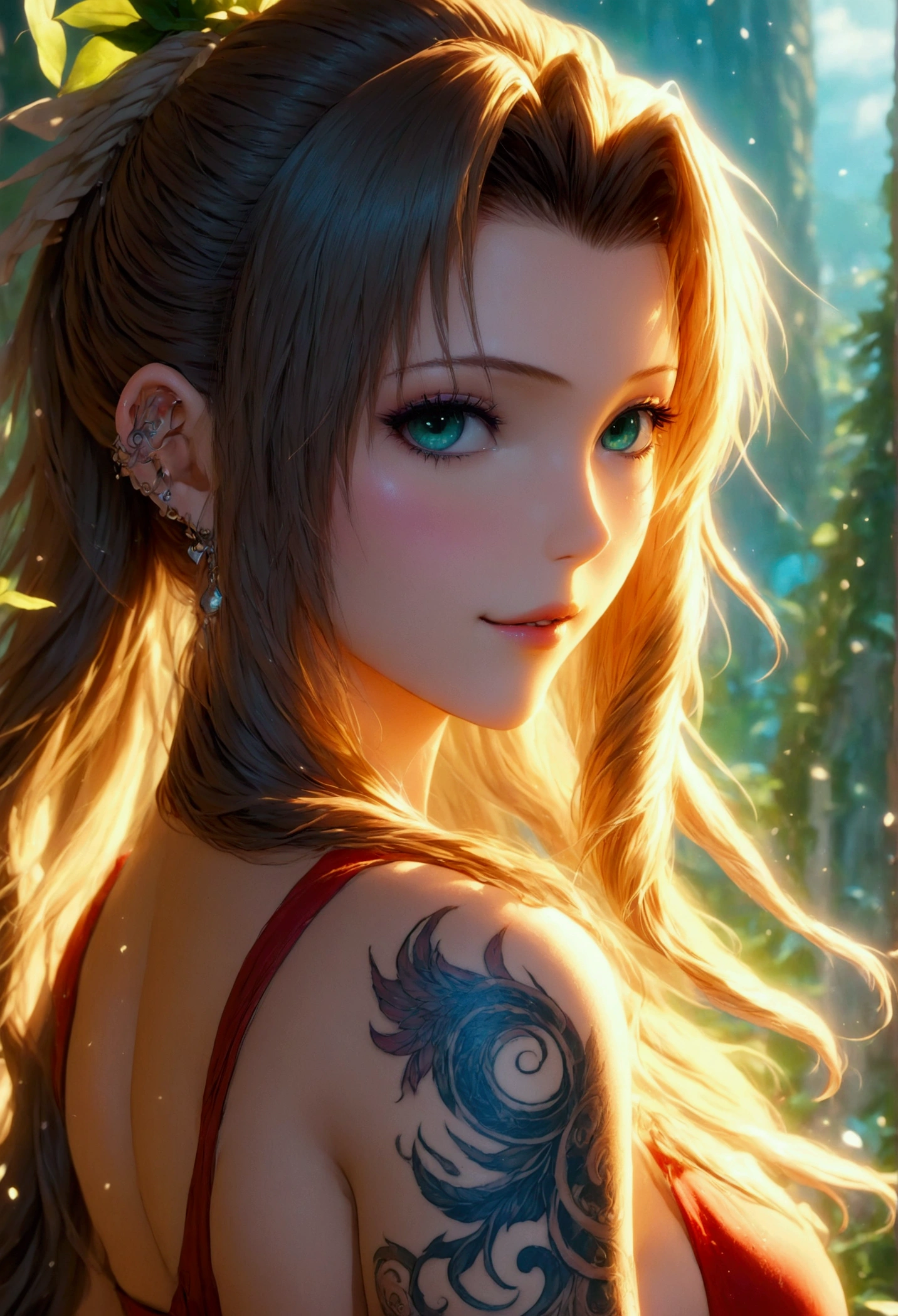 Create a hyper detailed photograph of a tattooed young sexy aerith, Stunningly perfect gorgeous feminine face, perfect teeth, perfect makeup, detailed vibrant eyes, long flowing hair, beautiful legs, beautiful arms, perfect hour glass body figure, detailed smooth skin, large breast, perfect round ass, complete full body view,