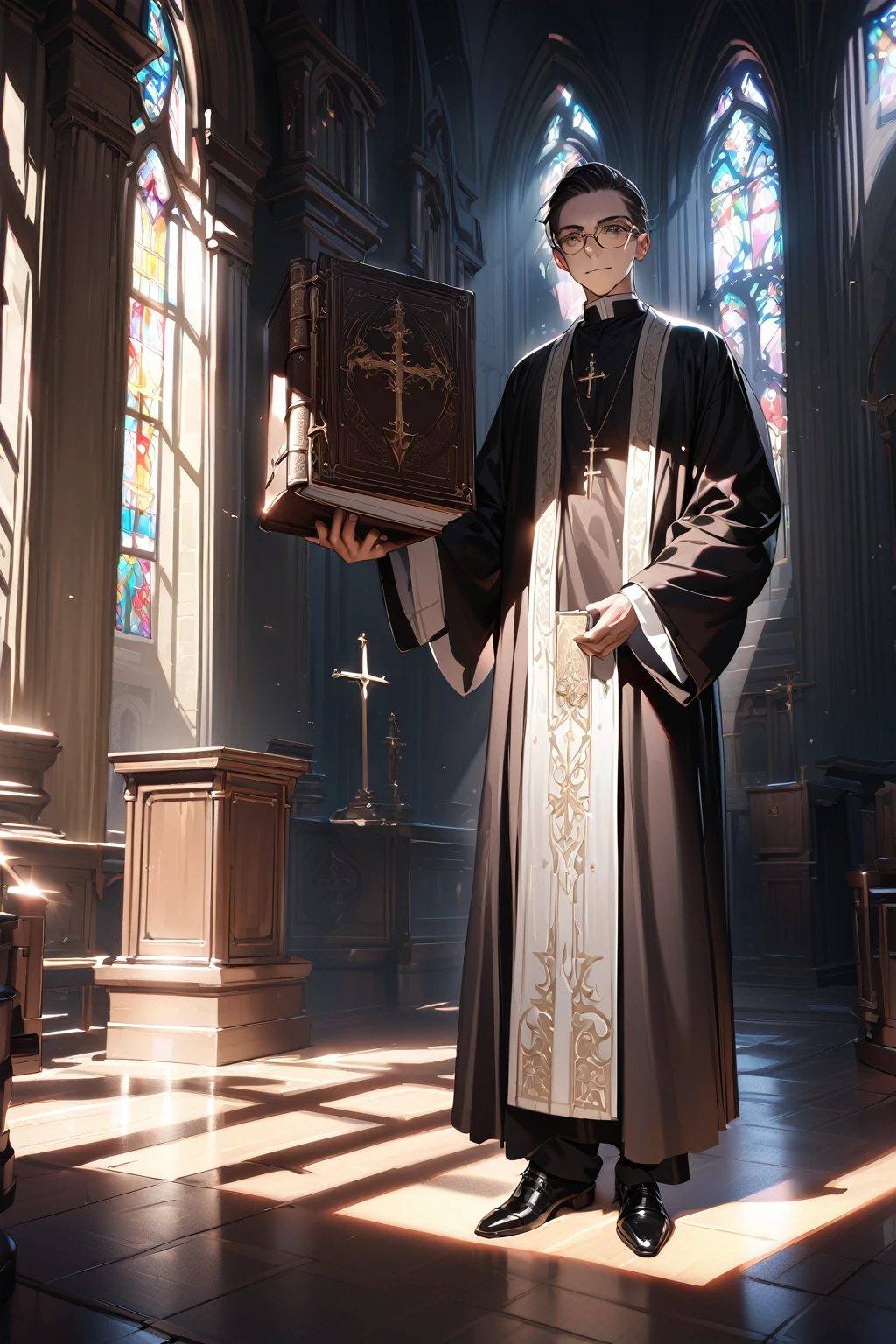 A young man, with piercing eyes looking into the camera, a perfectly sculpted body, (a priest, dressed in black, wearing glasses, holding a Bible, wearing a cross necklace, an evil smile), in a church, with dramatic shadows, rendered using ray tracing, a portrait, (a masterpiece, high resolution, ultra-detailed:1.0).