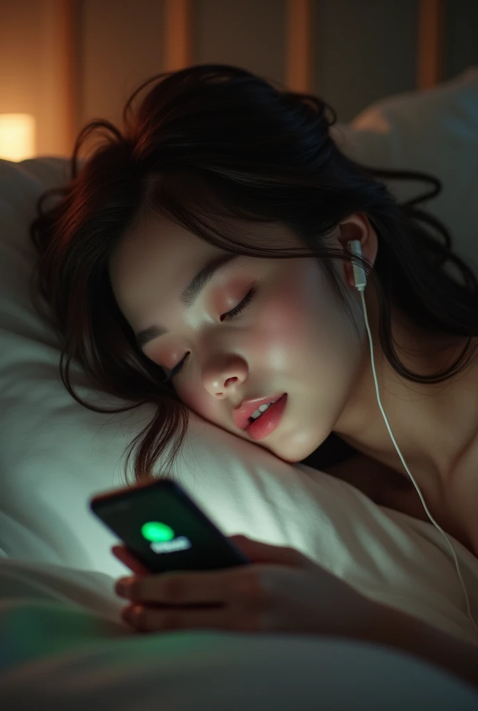 Beautiful girl sleeping while calling her boyfriend in mobile with earphones ( show the mobile calling boyfriend in WhatsApp)