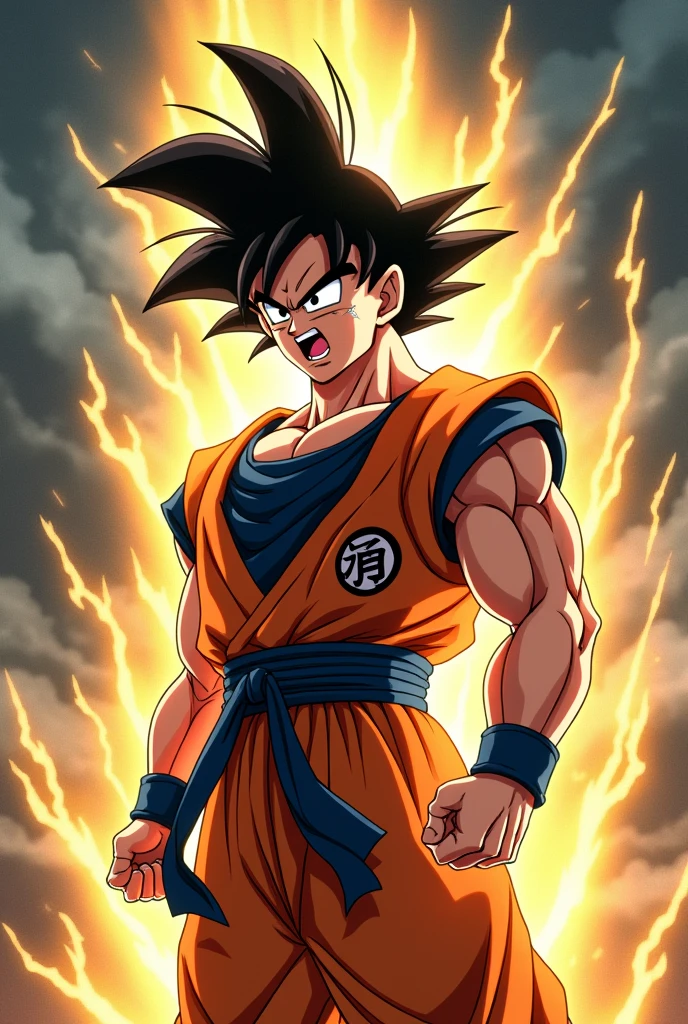 Goku finishing transforming into a Super Saiyan with an angry look.