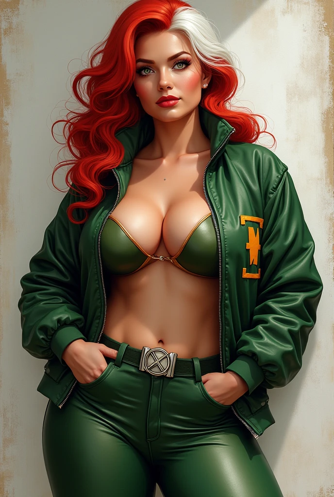 Rogue from Marvel's x-men wearing 1990s outfit with a big butt, thick hips and thighs, a flat stomach and 90s era x-men red curly hair with white hair on top, hair is two colors, wearing X-men belt buckle, highest quality, realistic art, (hair is white on top of head red on the sides, make hair as is specified in prompt), semi realistic, design character as specified in prompt, portrait sized image, jacket unzipped to show cleavage