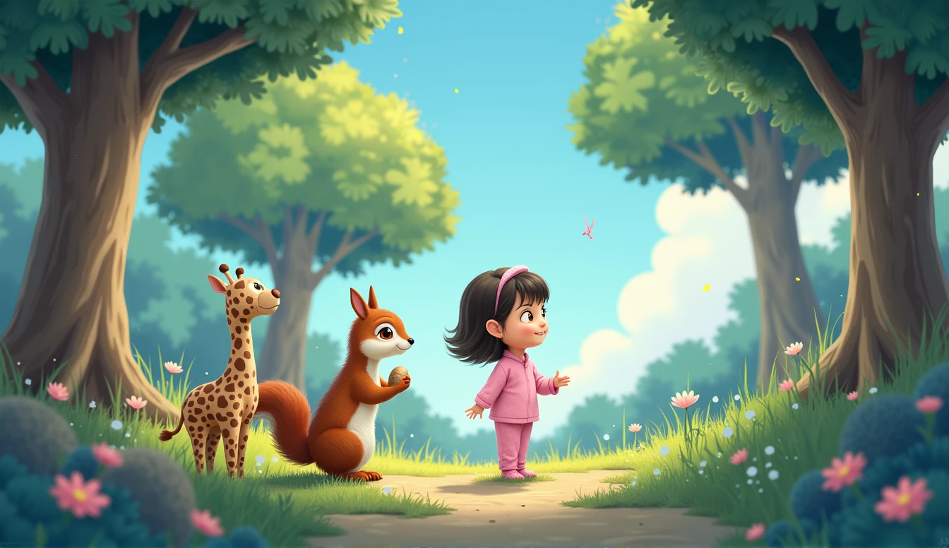 A squirrel is sitting with a nut, a plush giraffe toy and a little cartoon girl in pink pajamas are looking at it