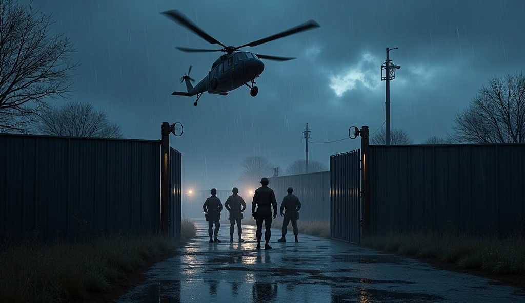 imagine a helicopter passing over a metal wall with a metal gate at night raining with soldiers at the bottom of the wall