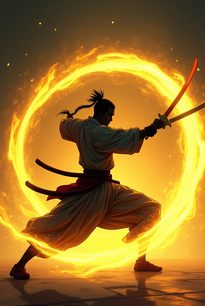 ((Best Quality)), ((masterpiece)), ((detailed)), ((High Definition)), a magical light of aura of sword cuts in anime style, all the color yellow magic light, with the black silhouette of a swordsman in the center, dynamic movements, fighting pose, sword dance, running fast forward, with the magic ray of light on his back, cutting the air several times, as it moves forward, technique, dance of the god of the sword of light. With a black background.