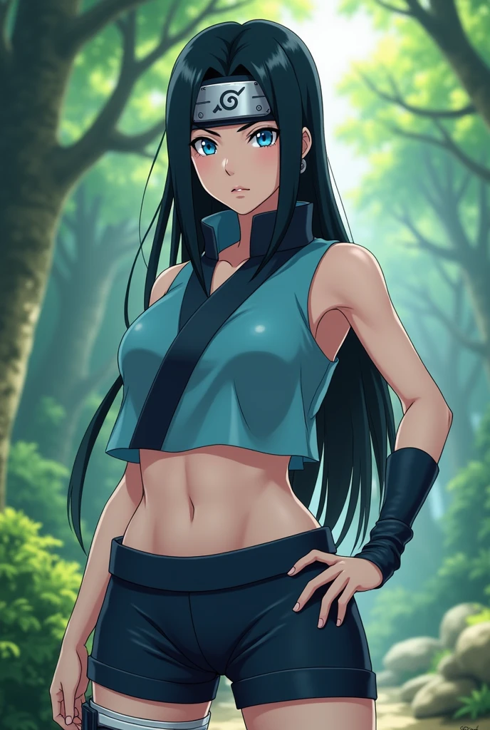 Screenshot, naruto anime style, a girl woman, pale white skin, medium height, blue eyes, black hair, long, loose, no bangs, cute Amazonian ninja outfit, short light blue dress and black shorts, with ninja band, In a forest
