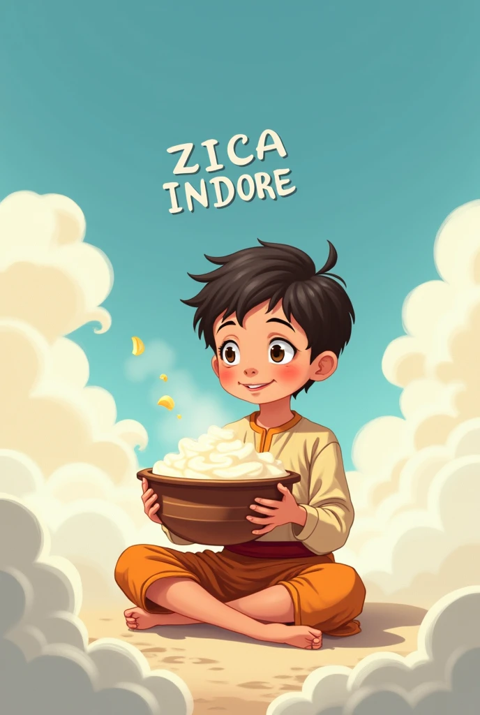 A boy holding a pot of curd in his hand and sitting in the cloude anime style background text is ZICA INDORE