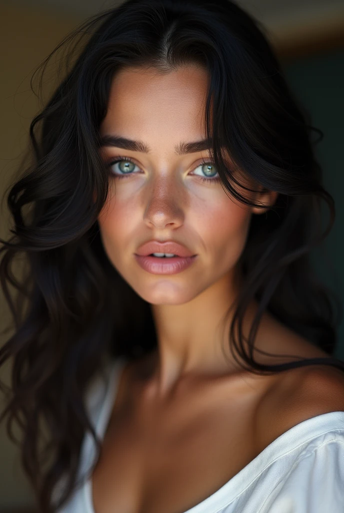 oeuvre d'art, best quality),visage parfait, nice face, tetas grandes, nue, blue eyes, wavy black hair ,selfie d'a beautiful young woman, prise avec l'appareil photo de l'iPhone