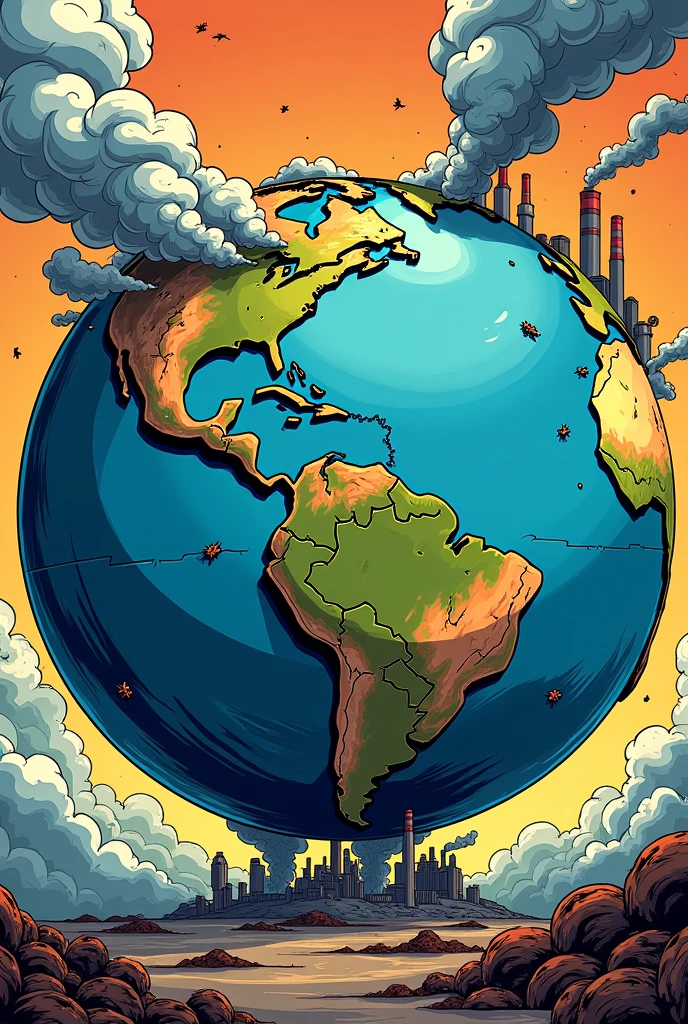 Earth planet in comic book form with pollution on top