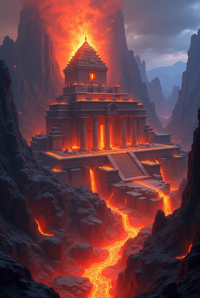 An old fire and lava temple with its city, in between obsidian and volcanic rocs. Red and blue flames and lava, adorn the summerian buildings. Rivers and waterfalls of fire and lava flow between the buildings. There is a fire forest as well, with flame-plants.