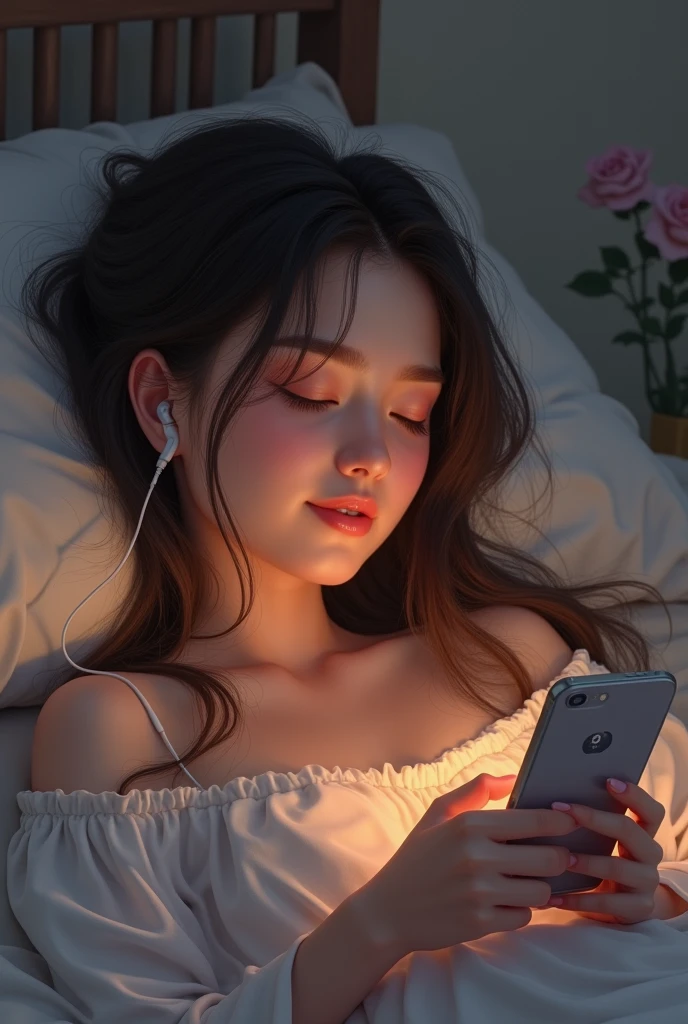 Beautiful girl sleeping while calling her boyfriend in mobile with earphones ( show the mobile calling boyfriend )