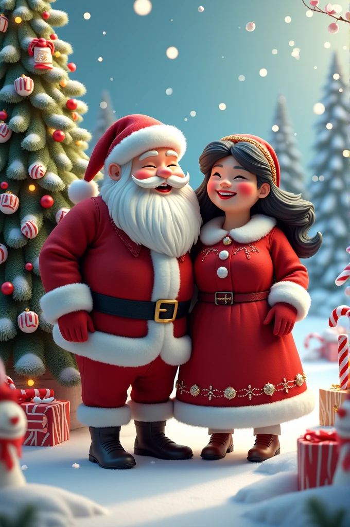 Santa Claus with his plump wife black hair candy canes snowman snowflakes Christmas tree 