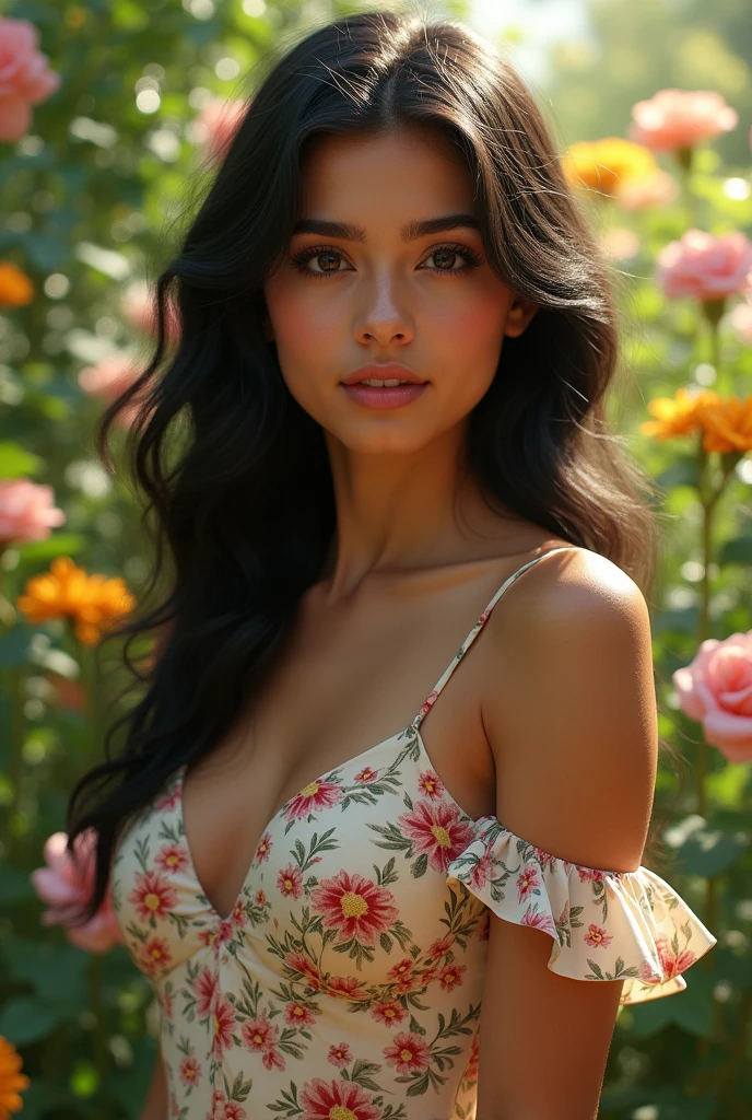 Latina woman with wavy black hair, small black eyes, small lips, 65kg of weight,  small breasts, looking at the viewer, wearing a floral dress in a garden