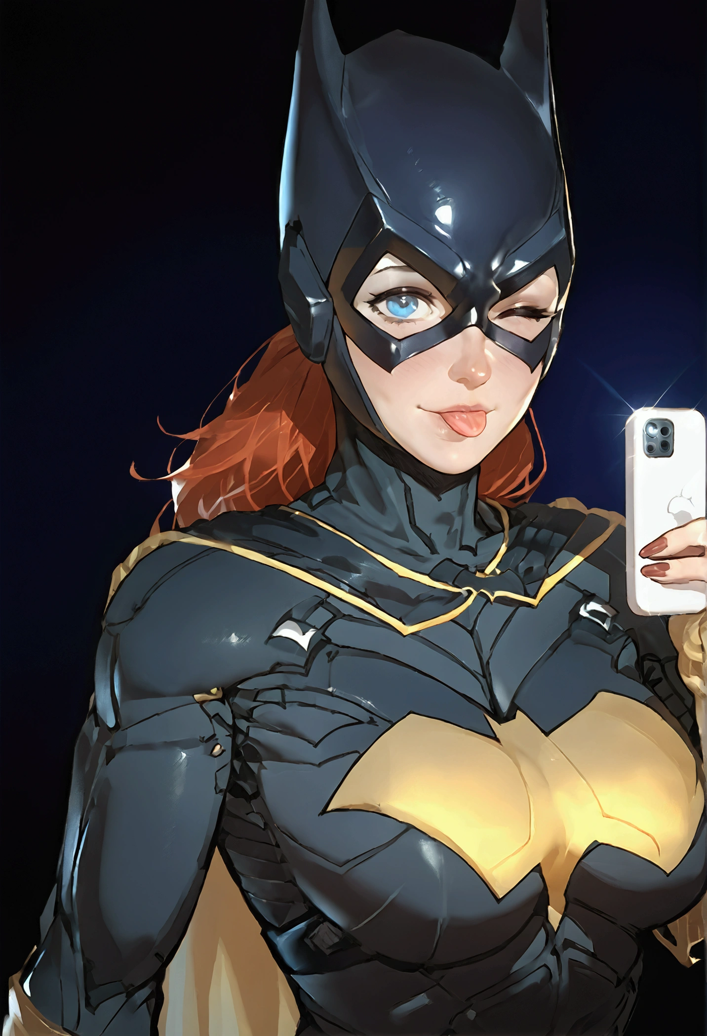 source_western, adamhughesstyle, 1girl, Batgirl, bodysuit, superhero, red hair, masked, blue eyes, big breasts,dramatic lighting, dark background, upper body selfie, holding a phone, closeup shot, cute smile, wink, showing tip of a tongue, score_9, score_8_up, score_7_up, score_6_up, score_5_up, score_4_up,