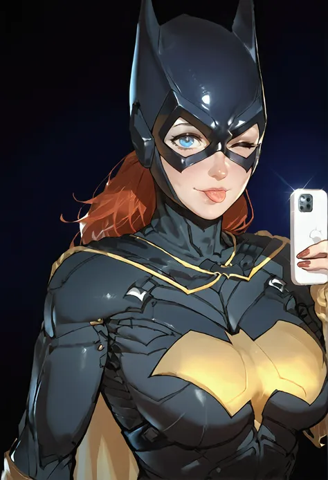 source_western, adamhughesstyle, 1girl, batgirl, bodysuit, superhero, red hair, masked, blue eyes, big breasts,dramatic lighting...