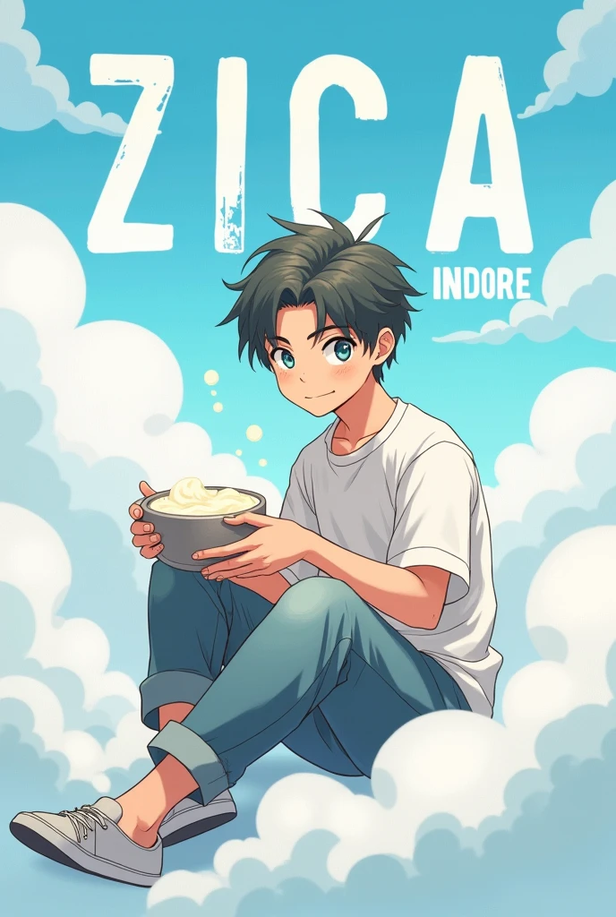 A adult boy holding a pot of curd in his hand and sitting in the cloude anime style background text is ZICA INDORE