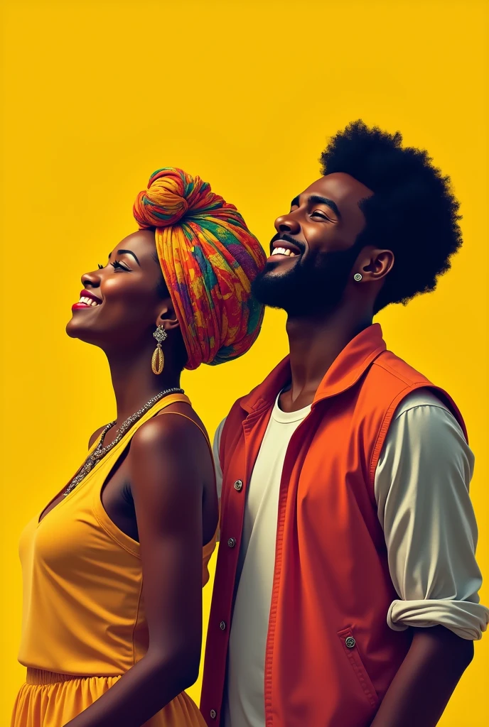 Beautiful Afro woman with a turban and a smiling Afro Palenquero man side by side, looking up in vector style with a yellow background.