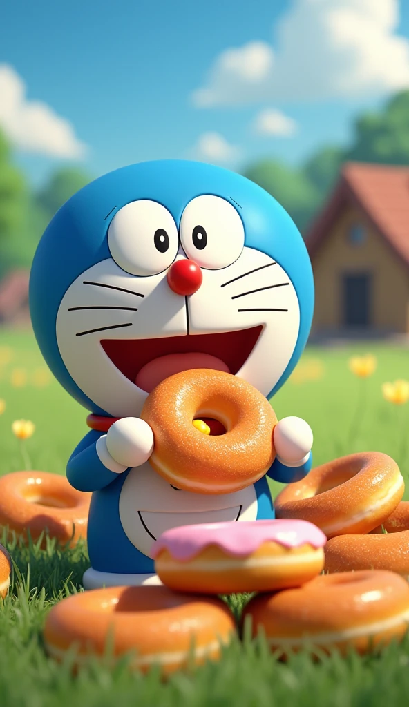 Doraemon was given the donuts that he liked the most by the farmer.