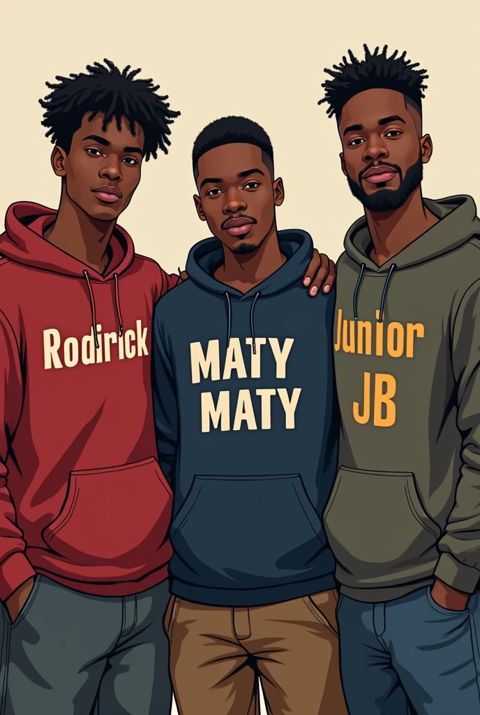 Three black men wearing pullover written Rodrick, Maty Maty and Junior JB