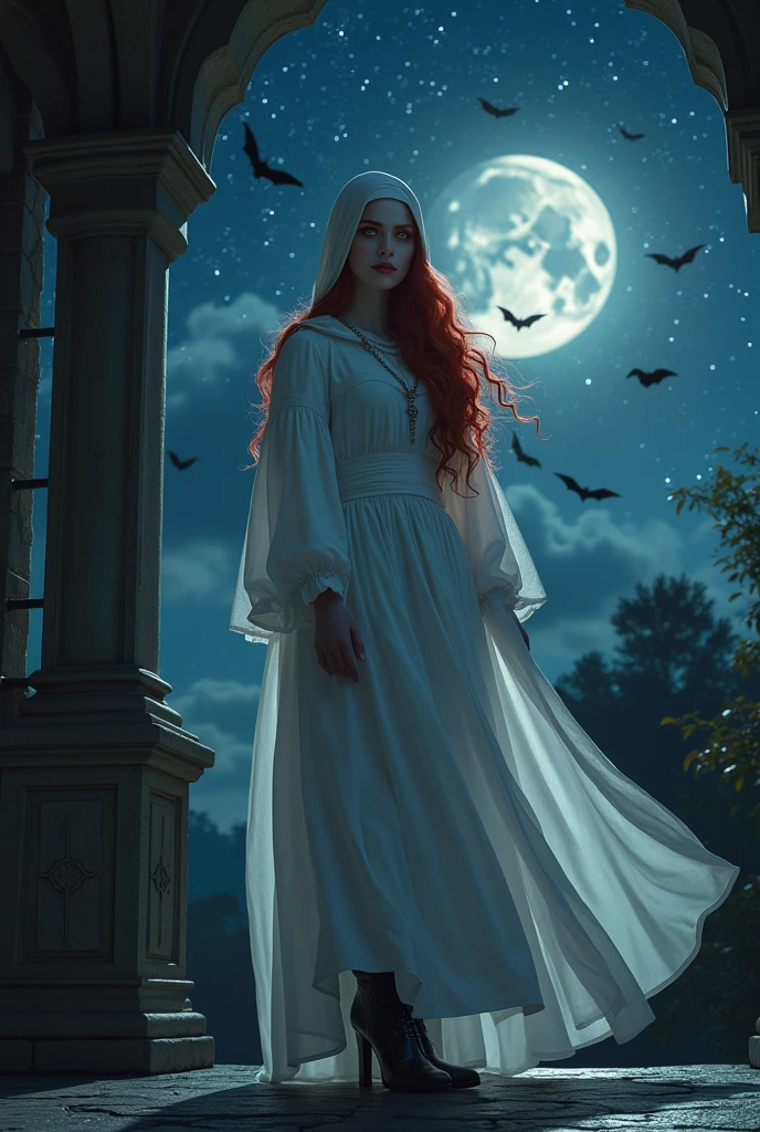 (no nudity: 1.5), a picture of an exquisite beautiful female nun vampire standing under the starry night sky on the porch of her monastery, (pale skin: 1.3), red hair, wavy hair, dynamic eyes color, cold eyes, glowing eyes, intense eyes, dark red lips, ((fangs: 1.1)), wearing (white nun uniform: 1.3), long cloak, flowing cloak, wearing (high heeled boots: 1.3), sky full of stars background, moon, bats flying about, action shot, high details, best quality, 16k, ((ultra detailed: 1.5)), masterpiece, best quality, portrait shot, photorealism, dark fantasy art, gothic art, many stars, sense of dread, GlowingRunesAI_red, Cinematic Hollywood Film style, , dark novel, Cinematic Hollywood Film style