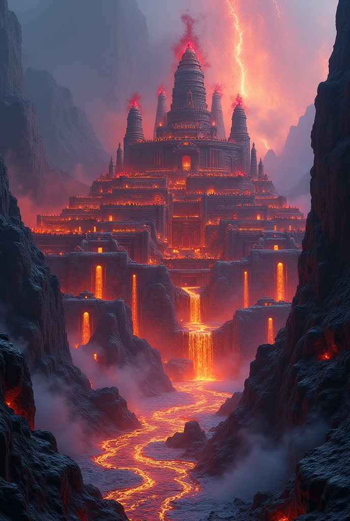 An old fire and lava temple with its city, in between obsidian and volcanic rocs. Red and blue flames and lava, adorn the summerian buildings. Rivers and waterfalls of fire and lava flow between the buildings. There is a fire forest as well, with flame-plants.