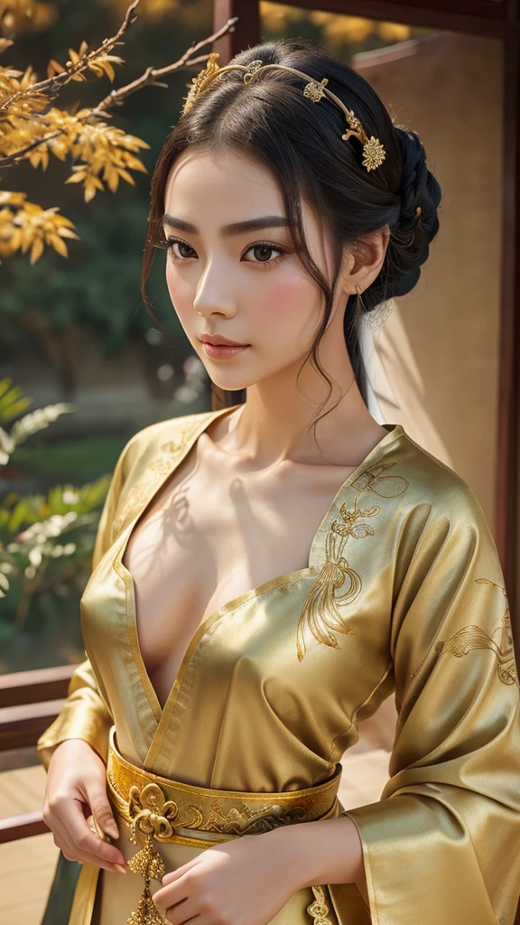 A beautiful dancer in ancient China,delicate lines,gorgeous costumes in ancient China,delicate and vivid,shy face,willow leaf eyebrows,personality depiction,coiled hair,gold leaf,flowing clouds,watercolor,crane surrounding,ink painting,gentle eyes,meticulous, color scheme,exquisite clothing patterns,by Gu, Kaizhi,Zhang Xuan,professional color grading,realistic style,soft shadows,clean and sharp focus,Flim photography,Panoramic View,32K --v 6