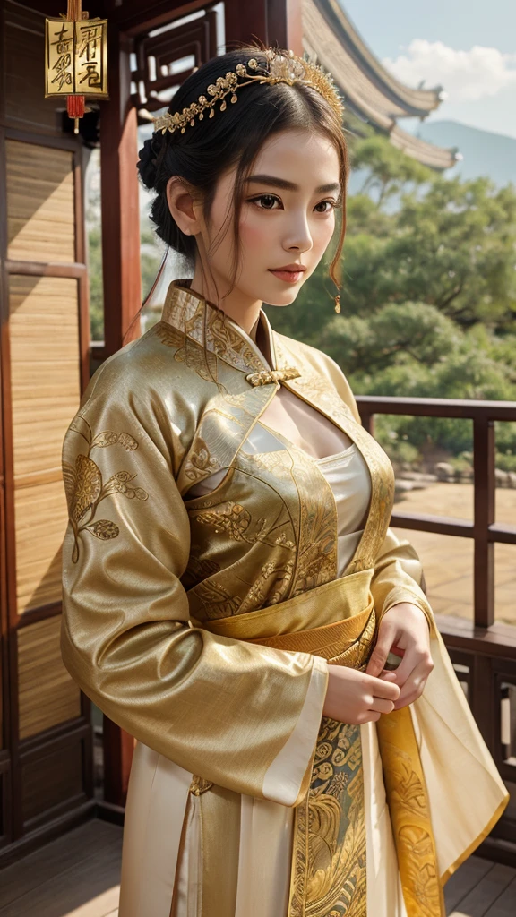 A beautiful dancer in ancient China,delicate lines,gorgeous costumes in ancient China,delicate and vivid,shy face,willow leaf eyebrows,personality depiction,coiled hair,gold leaf,flowing clouds,watercolor,crane surrounding,ink painting,gentle eyes,meticulous, color scheme,exquisite clothing patterns,by Gu, Kaizhi,Zhang Xuan,professional color grading,realistic style,soft shadows,clean and sharp focus,Flim photography,Panoramic View,32K --v 6