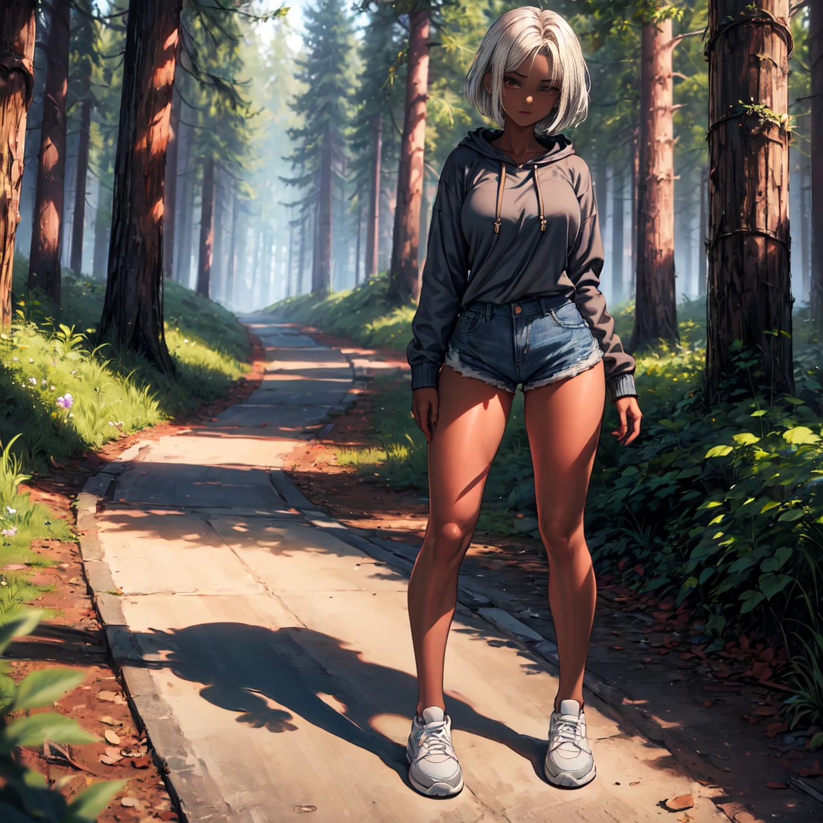 score_9, score_8_up, score_7_up, (((((full body))))), (((((fair skin))))), (((slim body))), masterpiece, best quality, anime, anatomically accurate, detailed face, pretty face, extremely detailed face, ((((1girl)))), (((short hair))), (((long legs))), (medium breasts), bob cut hair, black hair, big and expressive eyes, (slim legs), mesmerizing hair, (Perfect hands and fingers very well detailed), full body photo, (((forest))), (((pine trees))), ((mushrooms)), ((forest path)), (((grey hoodie ))), (((long denim shorts))), ((pantyhose)), ((white and blue sneakers)), 20 years old, reflection in the eye, red eyes, anime, Anime Style, cinematic lighting, ray tracing, panorama, Sony FE, high definition, artwork, Anatomically Correct, Textuvermelho Skin, super detail, high quality, high resolution, high definition
