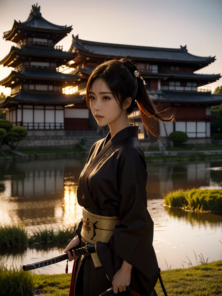 A lone samurai woman, shown from the waist up, standing in front of a traditional Japanese castle (Tenshukaku) during the Sengoku period. She is gripping her katana with both hands in a ready stance, her posture tense and focused as she prepares for battle. Her traditional dark samurai robe (kimono-style) has wide sleeves, and her obi is tightly secured around her waist. Her hair is tied back in a warrior style, with a few loose strands framing her face. The scene captures her upper body in detail, with her katana partially drawn, glinting in the warm light of the setting sun. Behind her, the silhouette of the Tenshukaku rises imposingly, with the castle’s architecture reflected in the fiery sky of dusk. The atmosphere is filled with tension, as she stands poised to engage in combat, ready to defend the castle."

Additional Parameters:

Style: Realistic, focus on the upper body and intense emotion
Lighting: Warm sunset light, highlighting the gleam of the katana and casting shadows across her determined face
Colors: Dark samurai attire, warm orange and red hues for the sunset, neutral tones for the Tenshukaku and castle grounds
Composition: Upper body of the samurai woman, holding the katana in a poised stance with the Tenshukaku castle in the background
Environment: Samurai woman standing in front of a traditional Japanese castle (Tenshukaku), sunset sky, atmosphere of imminent battle and tension