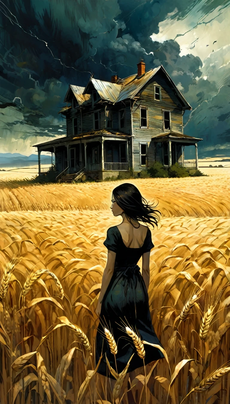a wheat field, dark clouds, an abandoned house, a sexy woman standing in the middle of the scene in the distance,a art inspired by Bill Sienkiewicz and Dave McKean