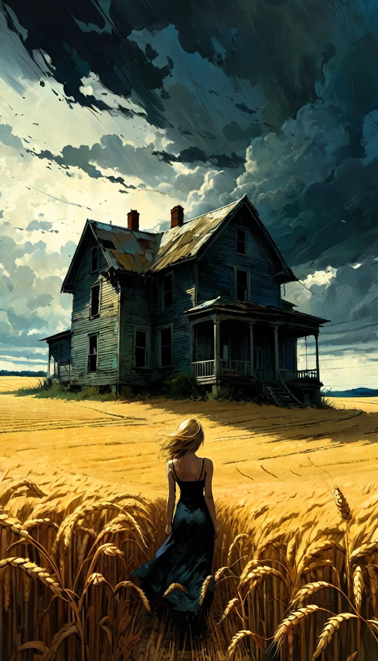 a wheat field, dark clouds, an abandoned house, a sexy woman standing in the middle of the scene in the distance,a art inspired by Bill Sienkiewicz and Dave McKean