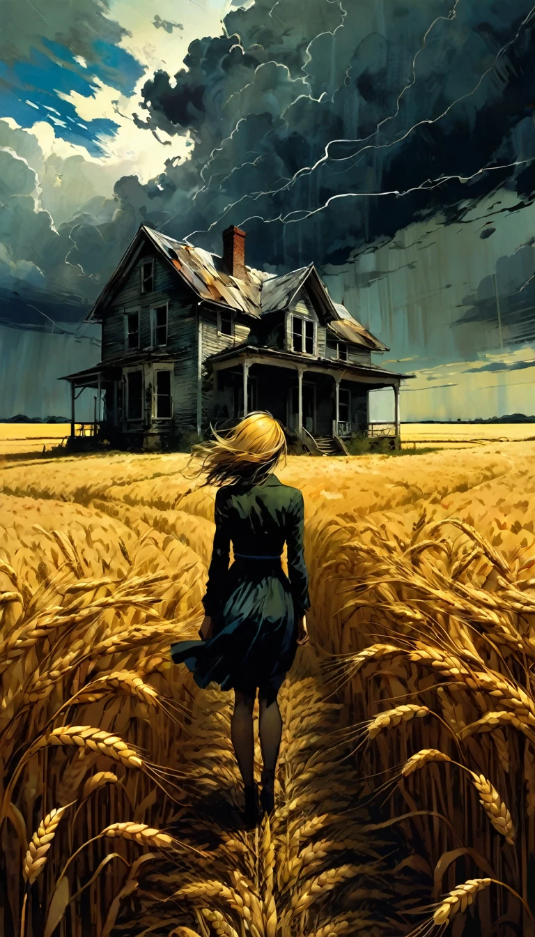 a wheat field, dark clouds, an abandoned house, a sexy woman standing in the middle of the scene in the distance,a art inspired by Bill Sienkiewicz and Dave McKean
