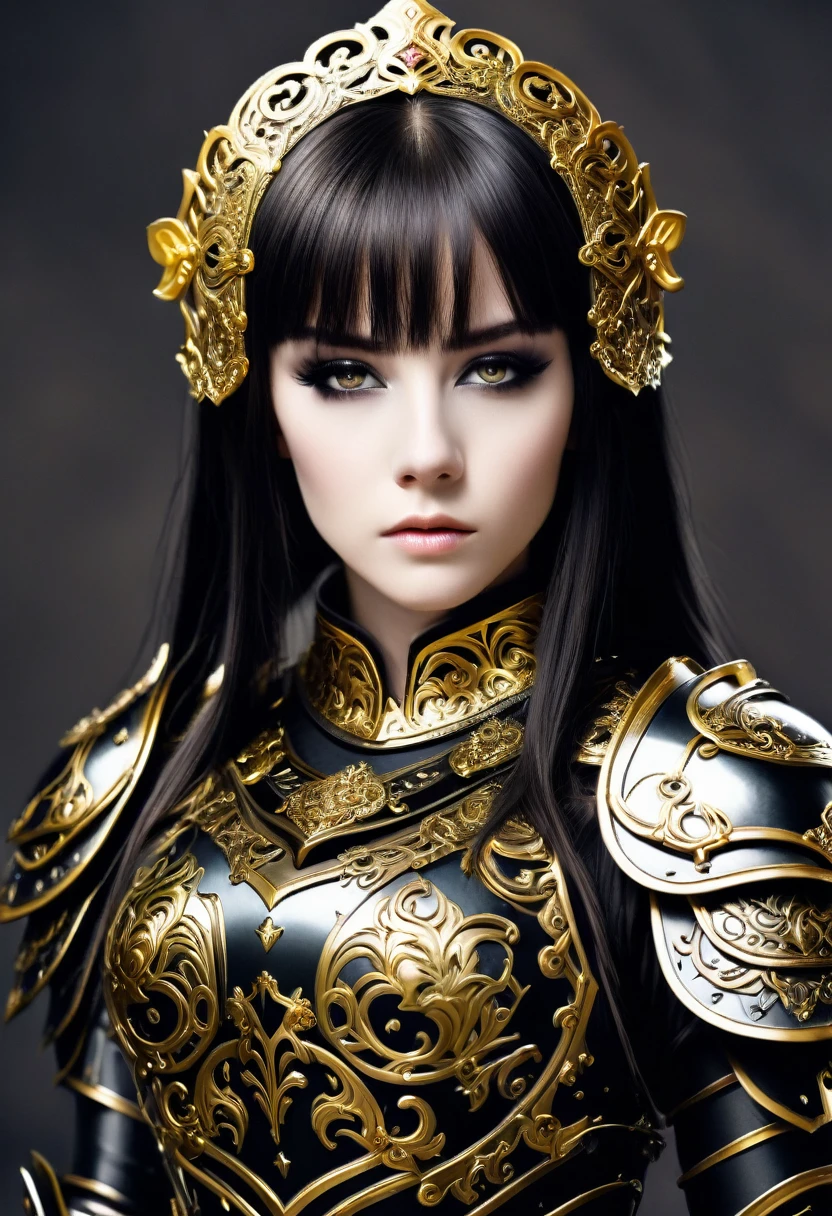 a close up of a woman in armor with a sword, stunning armor, wearing fantasy armor, very stylish fantasy armor, gold heavy armor. dramatic, beautiful armor, fantasy armor, black and gold armor, gothic armor, wearing ornate armor, intricate armour costumes, female armor, ornate gothic armor, ornate , wearing louis vuitton armor, girl in knight armor