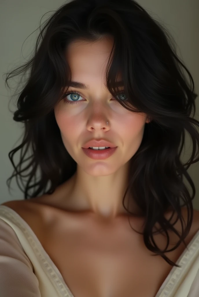 oeuvre d'art, best quality),visage parfait, nice face, blue eyes, wavy black hair ,Selfie nue, completely naked, tetas grandes, d'a beautiful young woman, prise avec l'appareil photo de l'iPhone