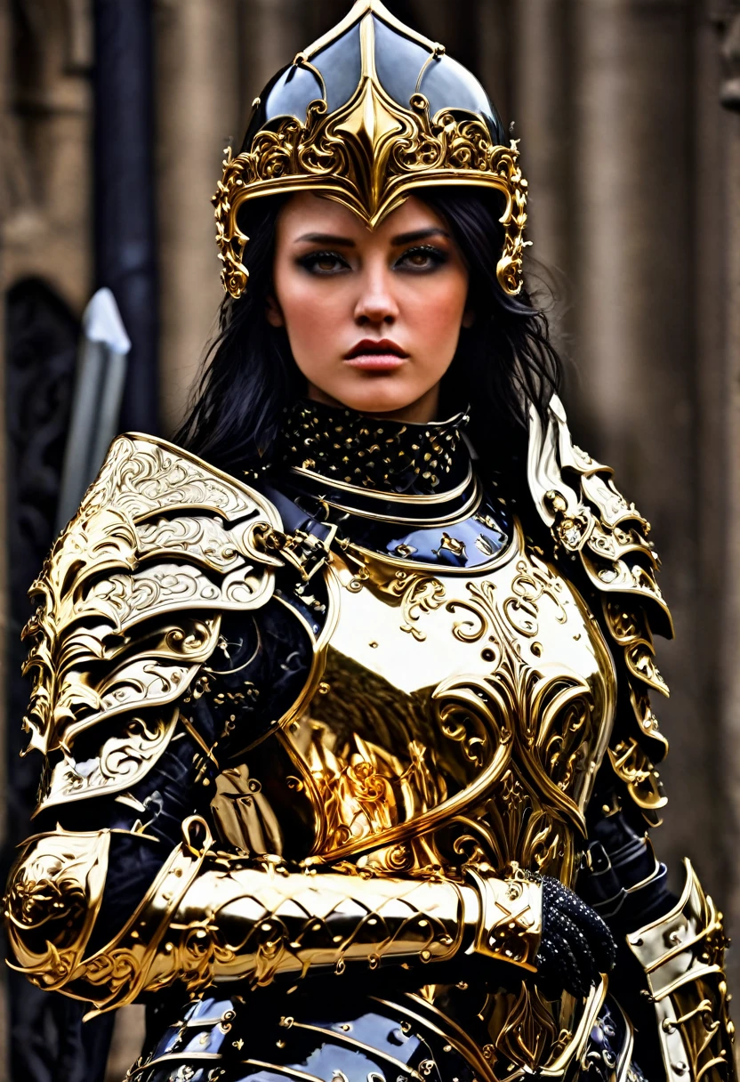 a close up of a woman in armor with a sword, stunning armor, wearing fantasy armor, very stylish fantasy armor, gold heavy armor. dramatic, beautiful armor, fantasy armor, black and gold armor, gothic armor, wearing ornate armor, intricate armour costumes, female armor, ornate gothic armor, ornate , wearing louis vuitton armor, girl in knight armor