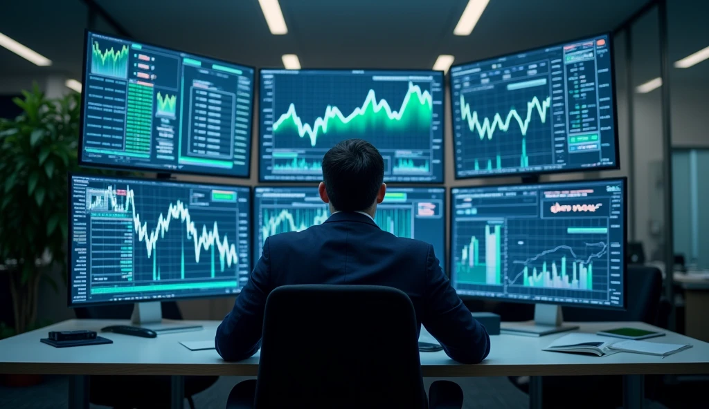 "A financial analyst using multiple screens displaying diverse assets including stocks, bonds, and currencies, symbolizing Fundos Multimercado, ar 16:9"