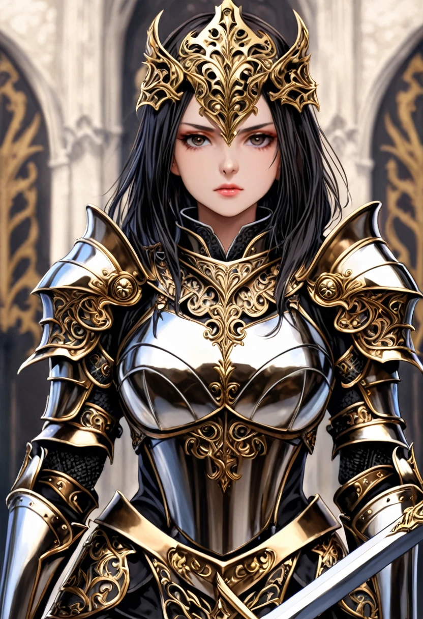 a close up of a woman in armor with a sword, stunning armor, wearing fantasy armor, very stylish fantasy armor, gold heavy armor. dramatic, beautiful armor, fantasy armor, black and gold armor, gothic armor, wearing ornate armor, intricate armour costumes, female armor, ornate gothic armor, ornate , wearing louis vuitton armor, girl in knight armor
