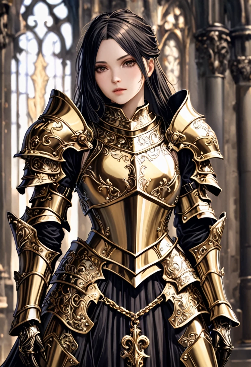 a close up of a woman in armor with a sword, stunning armor, wearing fantasy armor, very stylish fantasy armor, gold heavy armor. dramatic, beautiful armor, fantasy armor, black and gold armor, gothic armor, wearing ornate armor, intricate armour costumes, female armor, ornate gothic armor, ornate , wearing louis vuitton armor, girl in knight armor
