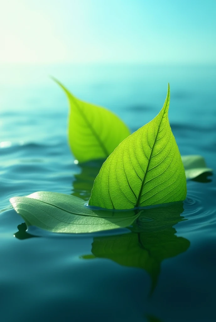 a close-up of an ocean landscape, a green leaf that demonstrates a balance of life