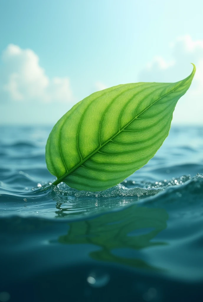 a close-up of an ocean landscape, a green leaf that demonstrates a balance of life